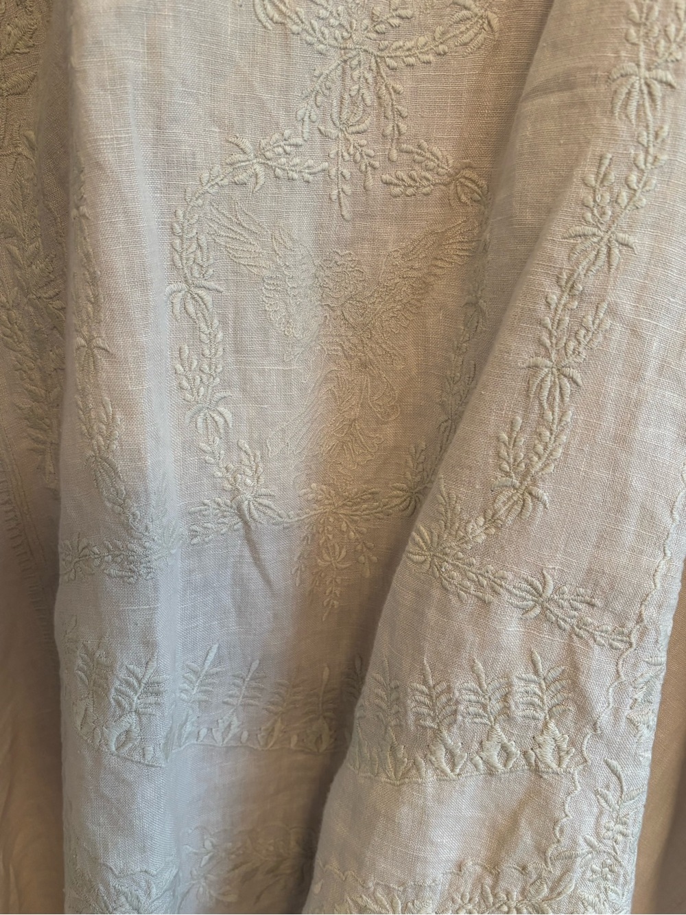 Magnolia Pearl Linen Midi Dress in Light Beige with Cream Embroidery - Picture 4 of 11